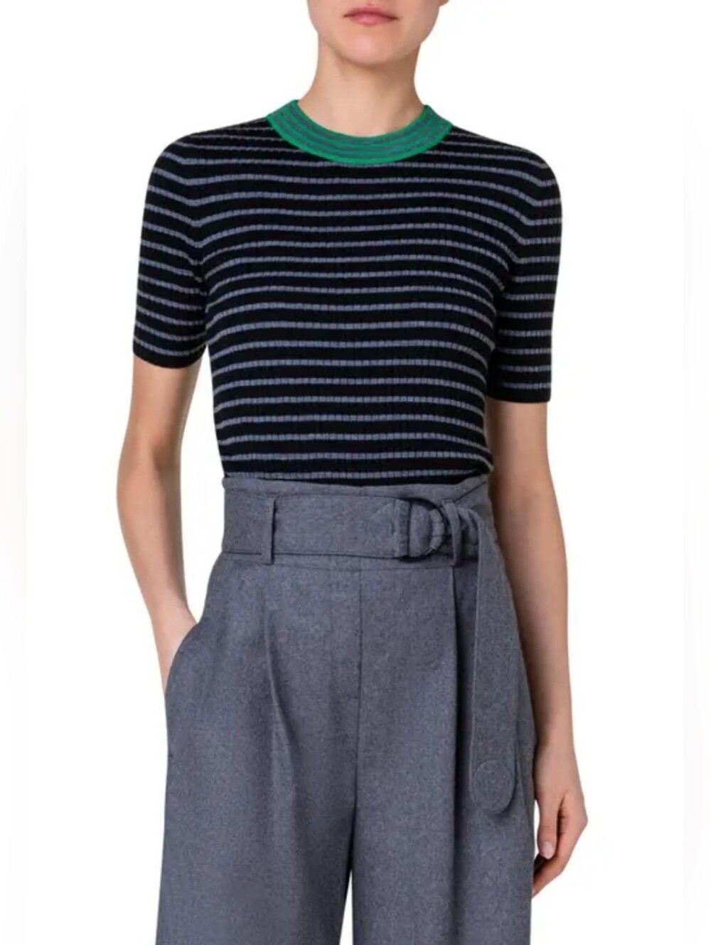 Akris 100% merono wool Stripe Rib Short Sleeve Virgin Sweater. Size 4
